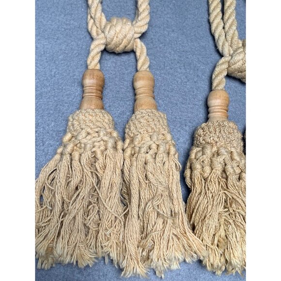 Vintage Beige Tassel Curtain Tiebacks with Wooden Accents Set of 2 - Picture 2 of 13